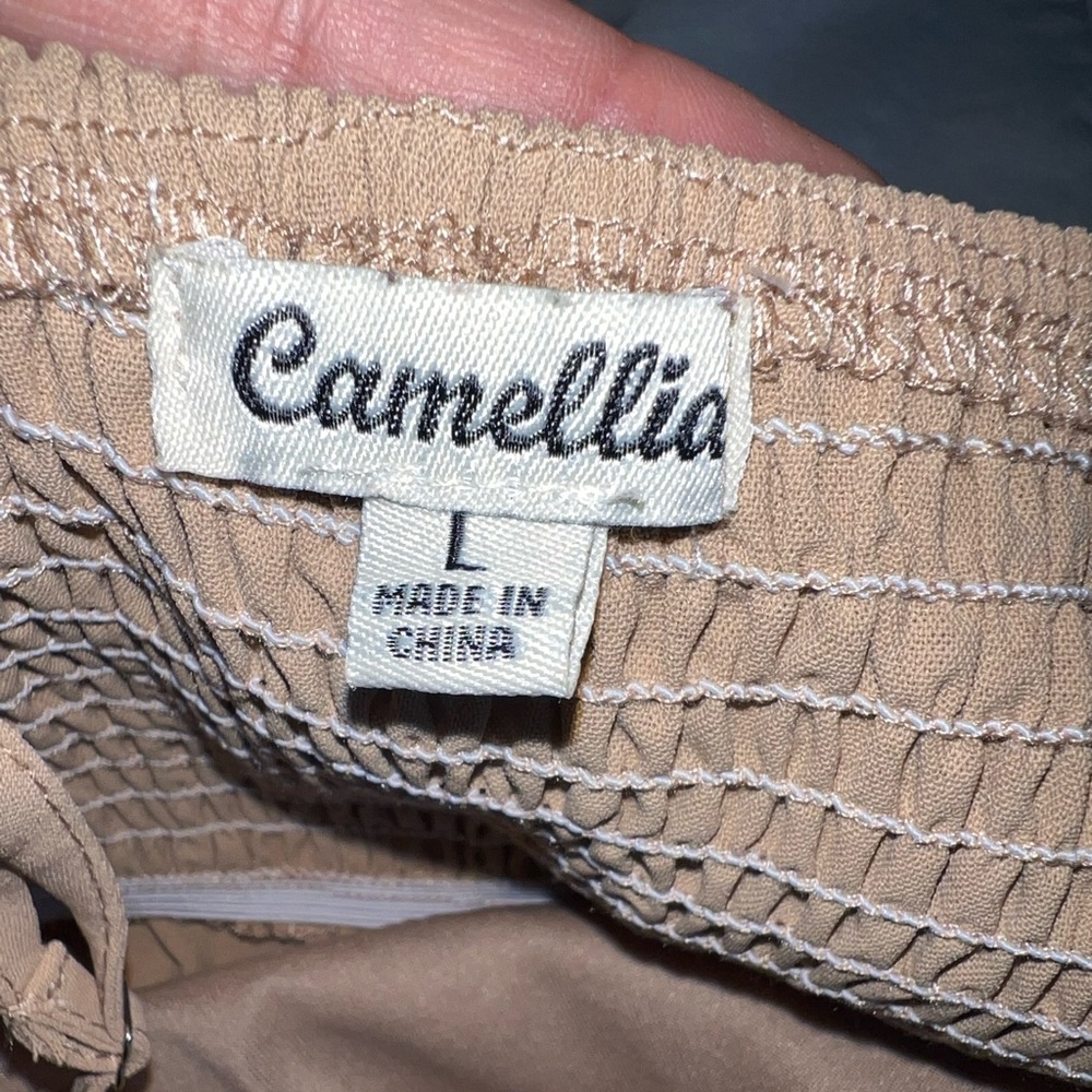 CAMELLIA Y2K Tan Beautiful Open Side Zipper MIDI Dress Size L. - Picture 5 of 12